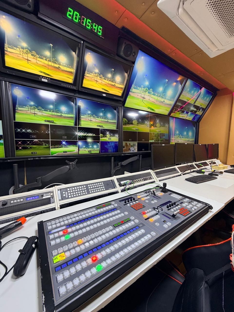 Outside broadcast control room with multi-view monitors